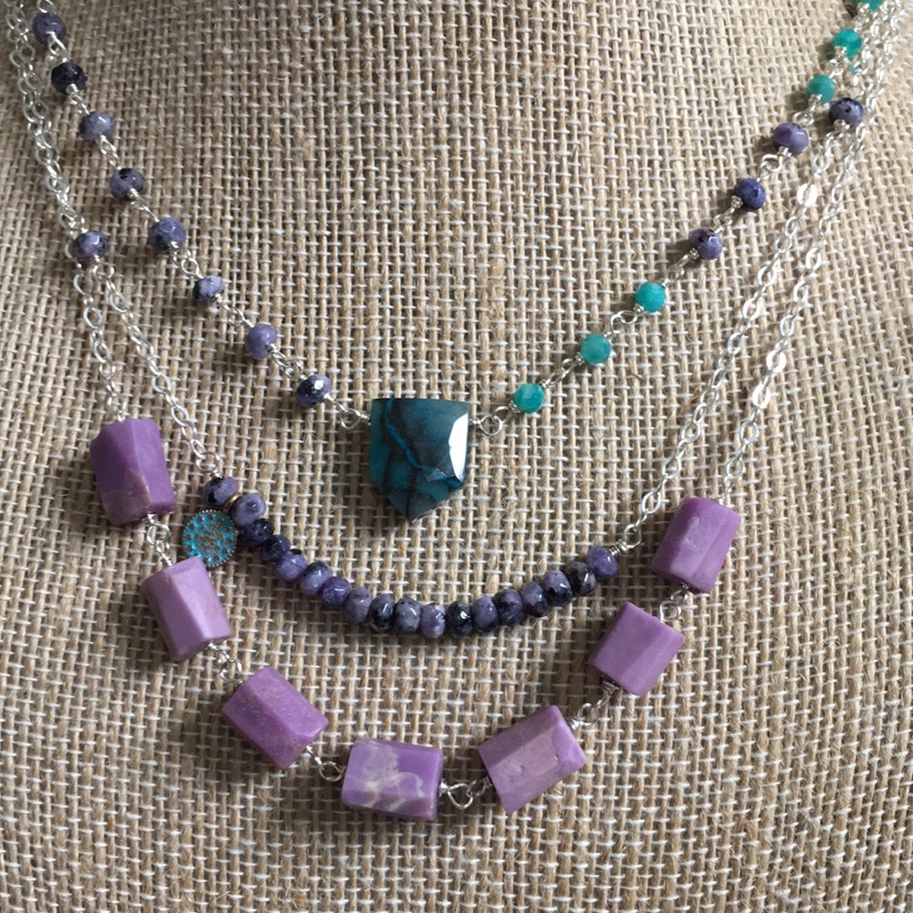 Purple/ teal layering necklaces/ earrings